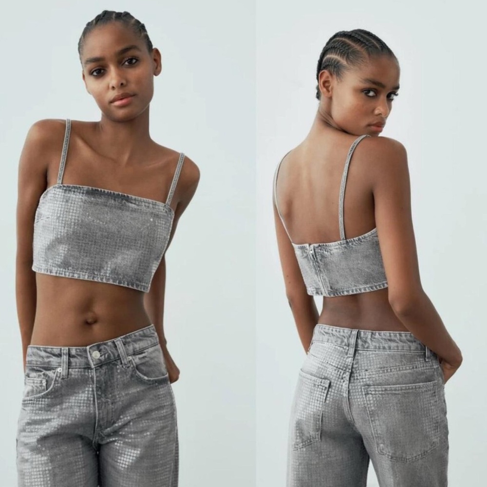 ZARA TRF Sequin Foil Denim Crop Top NWT